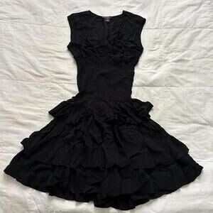 Vintage Karen Kane Black cinched smocked waist dress with tiered ruffles skirt